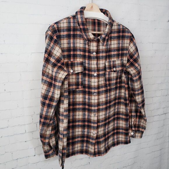 Olive & Leaf Plaid Flannel Shirt Shacket Size Womens S Gray Orange Snap Front - Picture 2 of 7